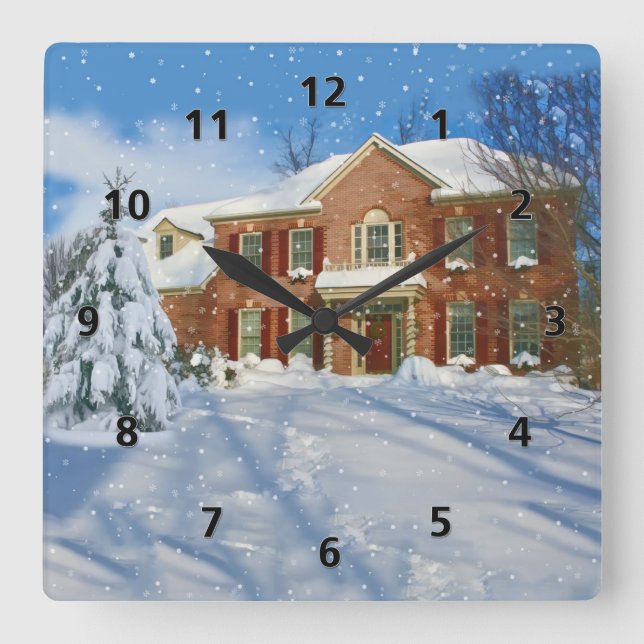 Snowy Landscape and Home Square Wall Clock (Front)