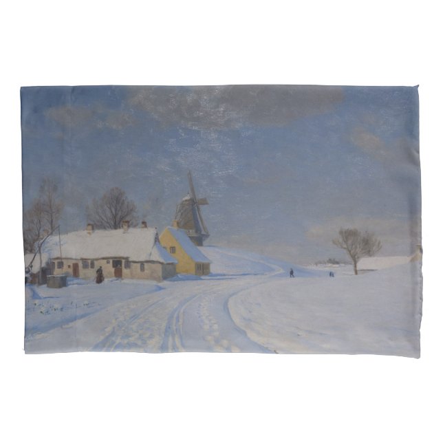 Snowy Landscape in Winter (by H.A. Brendekilde) Pillow Case (Front-Left)