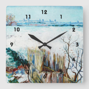 Snowy Landscape with Arles in the Background Square Wall Clock