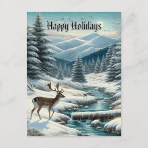 Snowy Landscape with Deer Happy Holidays Postcard