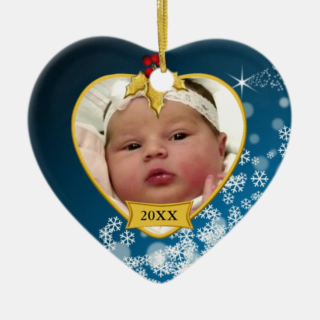 Snowy Light Blue Baby's First Christmas Photo Ceramic Ornament (Front)