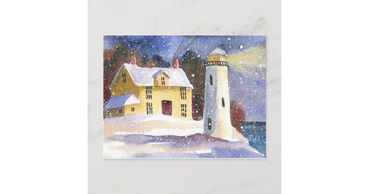 Snowy Lighthouse Winter Postcard | Zazzle