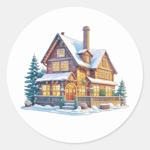 Snowy Log Cabin Christmas Classic Round Sticker