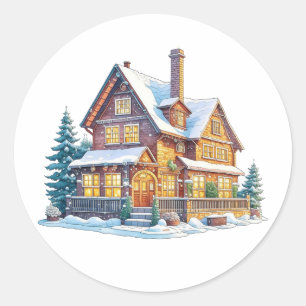 Snowy Log Cabin Christmas Classic Round Sticker