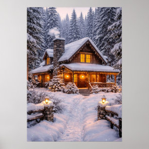 Snowy Log Cabin with Christmas Lights Poster