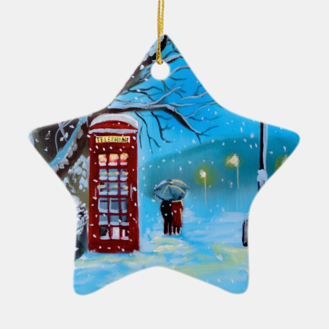 Snowy London winter couple red umbrella Ceramic Ornament (Front)