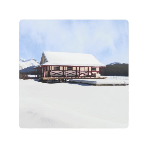 Snowy Maligne Lake Boat House Metal Print