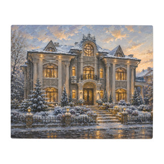 Snowy Mansion Oil Painting Metal Wall Art