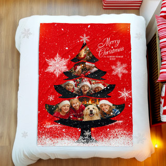 Snowy Merry Christmas Family Photo Tree Fleece Blanket