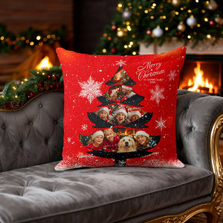 Snowy Merry Christmas Family Photo Tree Throw Pillow