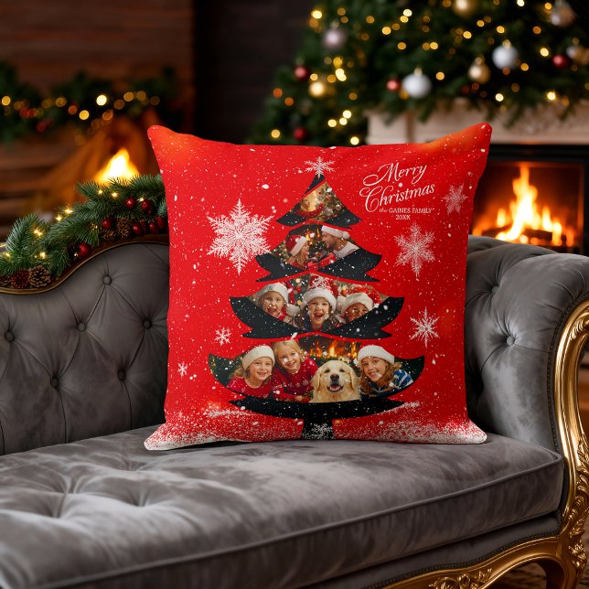 Snowy Merry Christmas  Family Photo Tree Throw Pillow (Creator Uploaded)