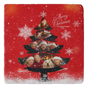 Snowy Merry Christmas Family Photo Tree Trivet
