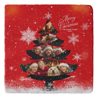 Snowy Merry Christmas Family Photo Tree Trivet