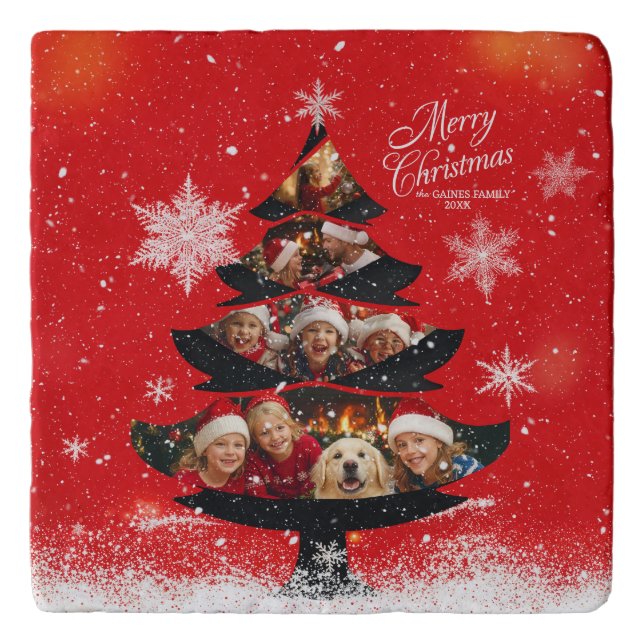 Snowy Merry Christmas Family Photo Tree Trivet (Front)