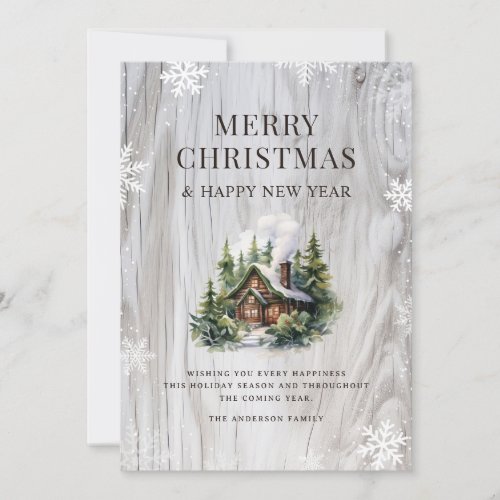 Snowy Merry Christmas Log Cabin Holiday Card