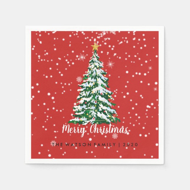 Snowy Merry Christmas Tree Napkin Red (Front)