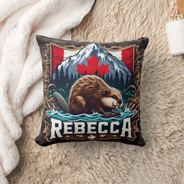 Snowy Mountain, Beaver, Canadian Flag Throw Pillow (Blanket)