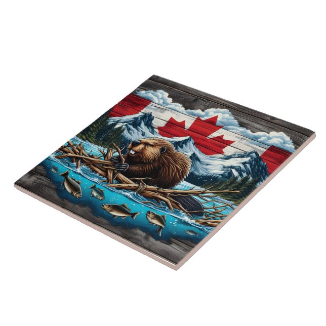 Snowy Mountain, Beaver, Canadian Pride Ceramic Tile (Side)