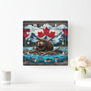 Snowy Mountain, Beaver, Canadian Pride Square Wall Clock