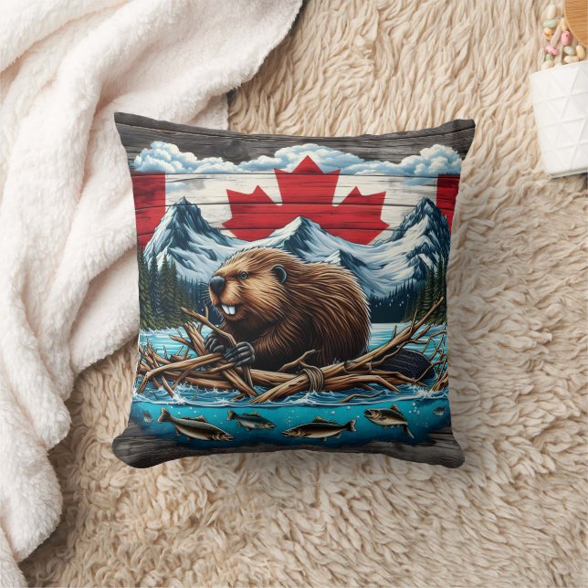 Snowy Mountain, Beaver, Canadian Pride Throw Pillow (Blanket)