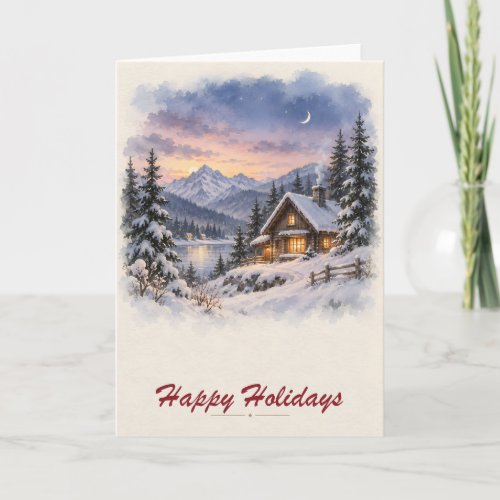 Snowy Mountain Cabin at Dusk Happy Holidays Folded Card