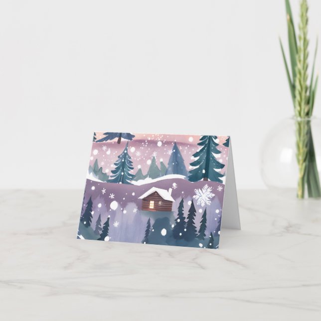 Snowy Mountain Cabin Watercolor Holiday Card (Front)