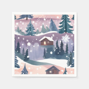 Snowy Mountain Cabin Watercolor Napkins