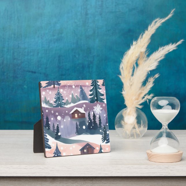Snowy Mountain Cabin Watercolor Plaque (Insitu)