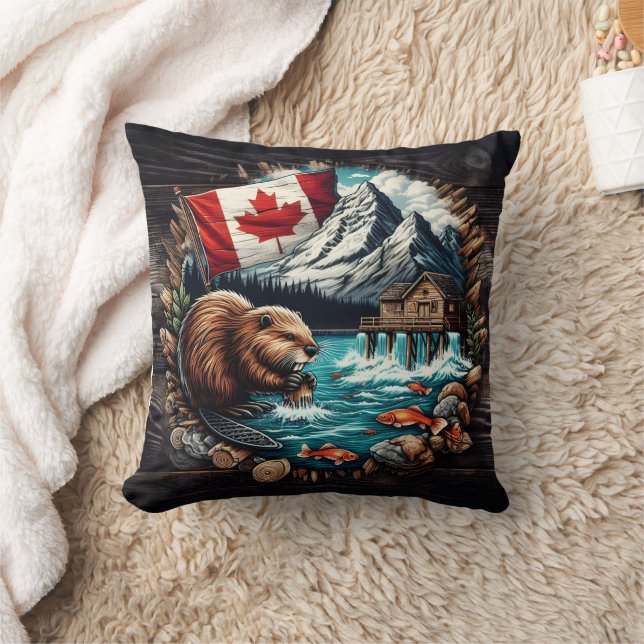 Snowy Mountain, Canadian Beaver, Ocean View Throw Pillow (Blanket)