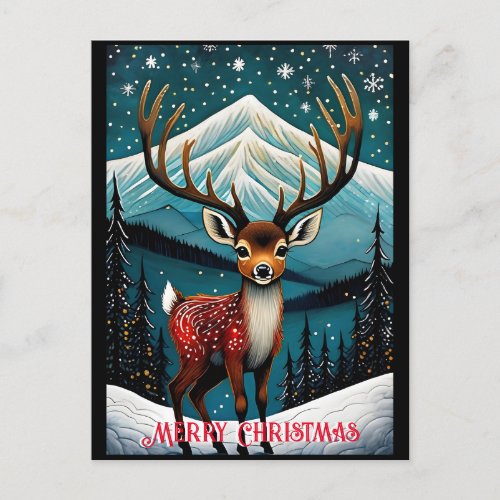 Snowy Mountain Cute Santa Baby Deer Christmas  Postcard