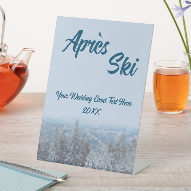 Snowy Mountain Forest Apres Ski Wedding Event Pedestal Sign (In SItu)