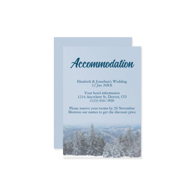 Snowy Mountain Forest Wedding Accommodation Enclosure Card (Front/Back In Situ)