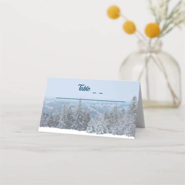 Snowy Mountain Forest Wedding Place Card (Front)