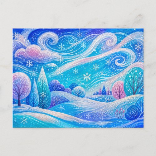 Snowy mountain forest with drifting snow postcard