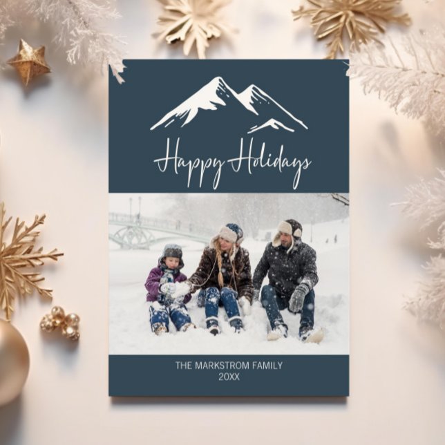 Snowy Mountain Happy Holidays Blue Photo Christmas Holiday Card (Creator Uploaded)