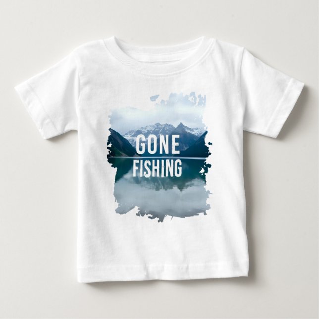 Snowy Mountain Lake Gone Fishing Baby T-Shirt (Front)