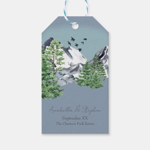 Snowy Mountain Landscape Pine Forest on Dusty Blue Gift Tags