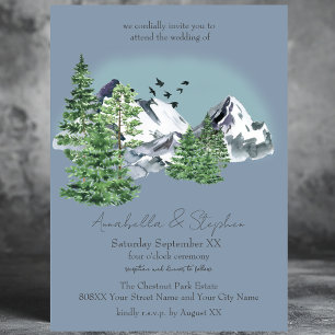 Snowy Mountain Landscape Pine Forest on Dusty Blue Invitation
