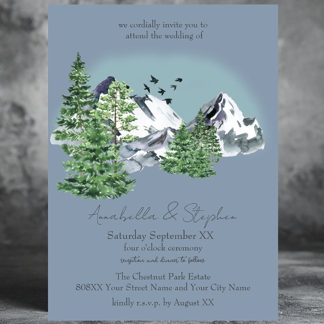 Snowy Mountain Landscape Pine Forest on Dusty Blue Invitation (Creator Uploaded)
