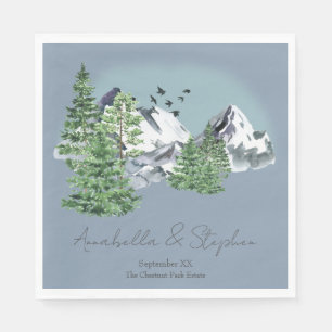Snowy Mountain Landscape Pine Forest on Dusty Blue Napkins