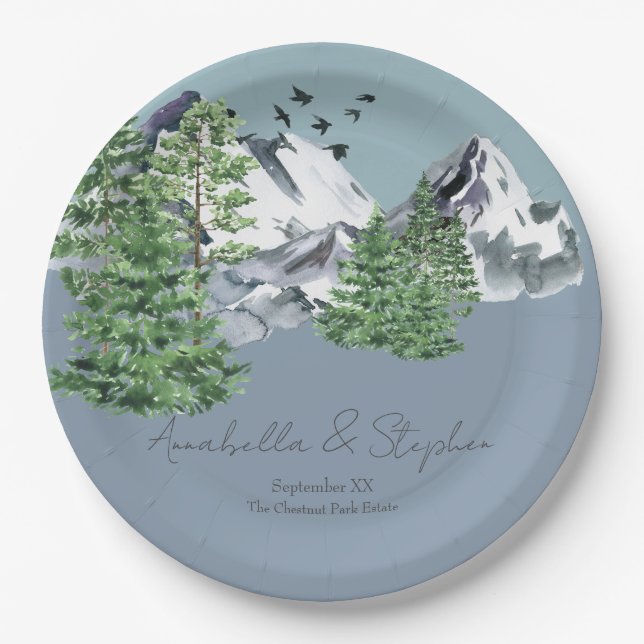 Snowy Mountain Landscape Pine Forest on Dusty Blue Paper Plates (Front)