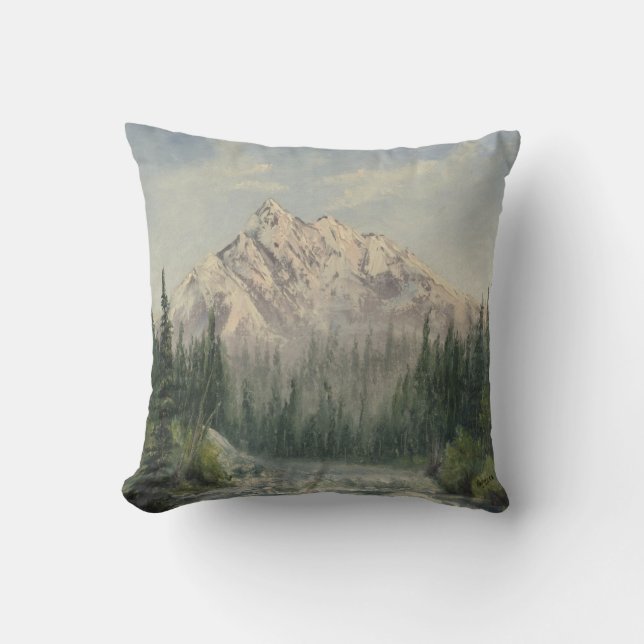 Snowy Mountain Landscape Throw Pillow (Front)
