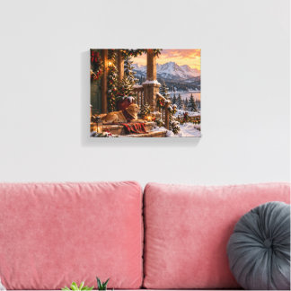 Snowy Mountain Landscape with Golden Retrieve Canvas Print