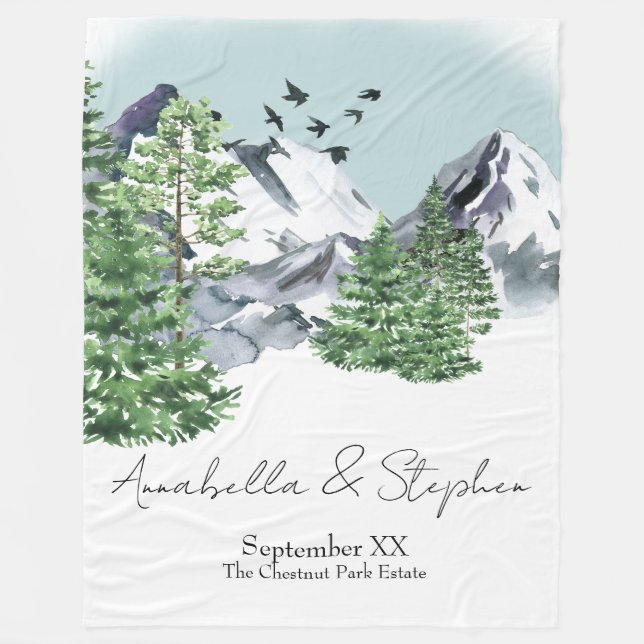 Snowy Mountain Landscape with Pine Forest Trees Fleece Blanket (Front)