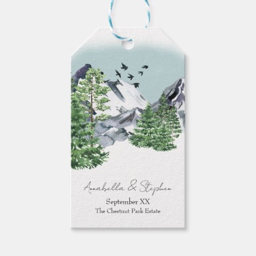 Snowy Mountain Landscape with Pine Forest Trees Gift Tags