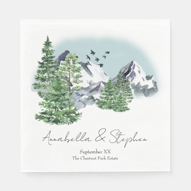 Snowy Mountain Landscape with Pine Forest Trees Napkins (Front)