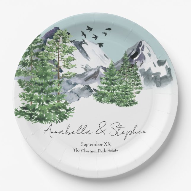 Snowy Mountain Landscape with Pine Forest Trees Paper Plates (Front)