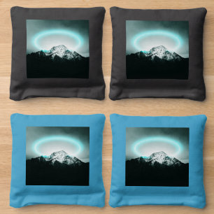 Snowy mountain mysterious blue neon light cornhole bags