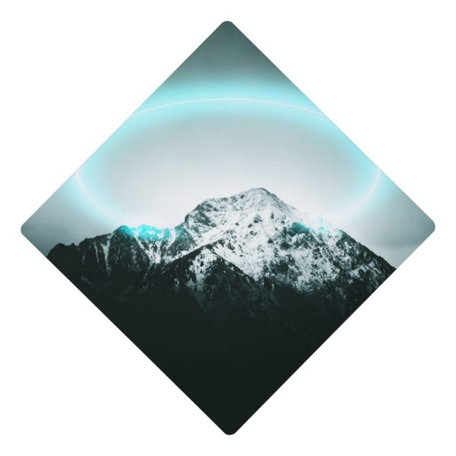 Snowy mountain mysterious blue neon light graduation cap topper (Front)