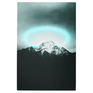 Snowy mountain mysterious blue neon light metal print